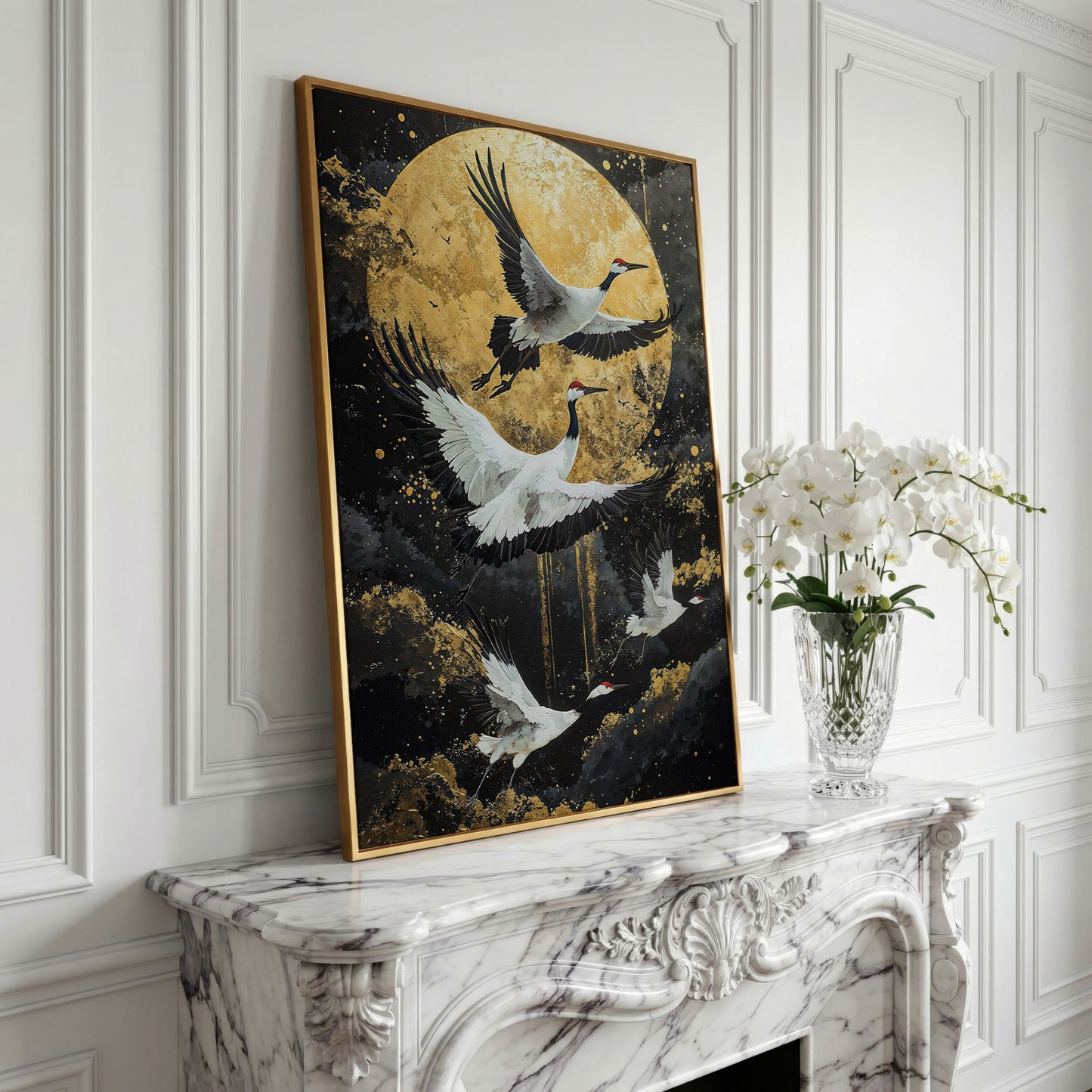 Enchanted Cranes with Golden Full Moon Canvas in yellow gold floating frame