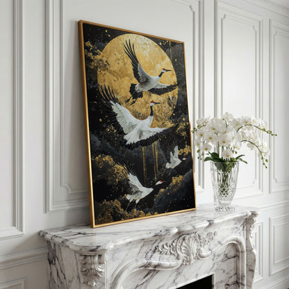 Enchanted Cranes with Golden Full Moon Canvas in yellow gold floating frame