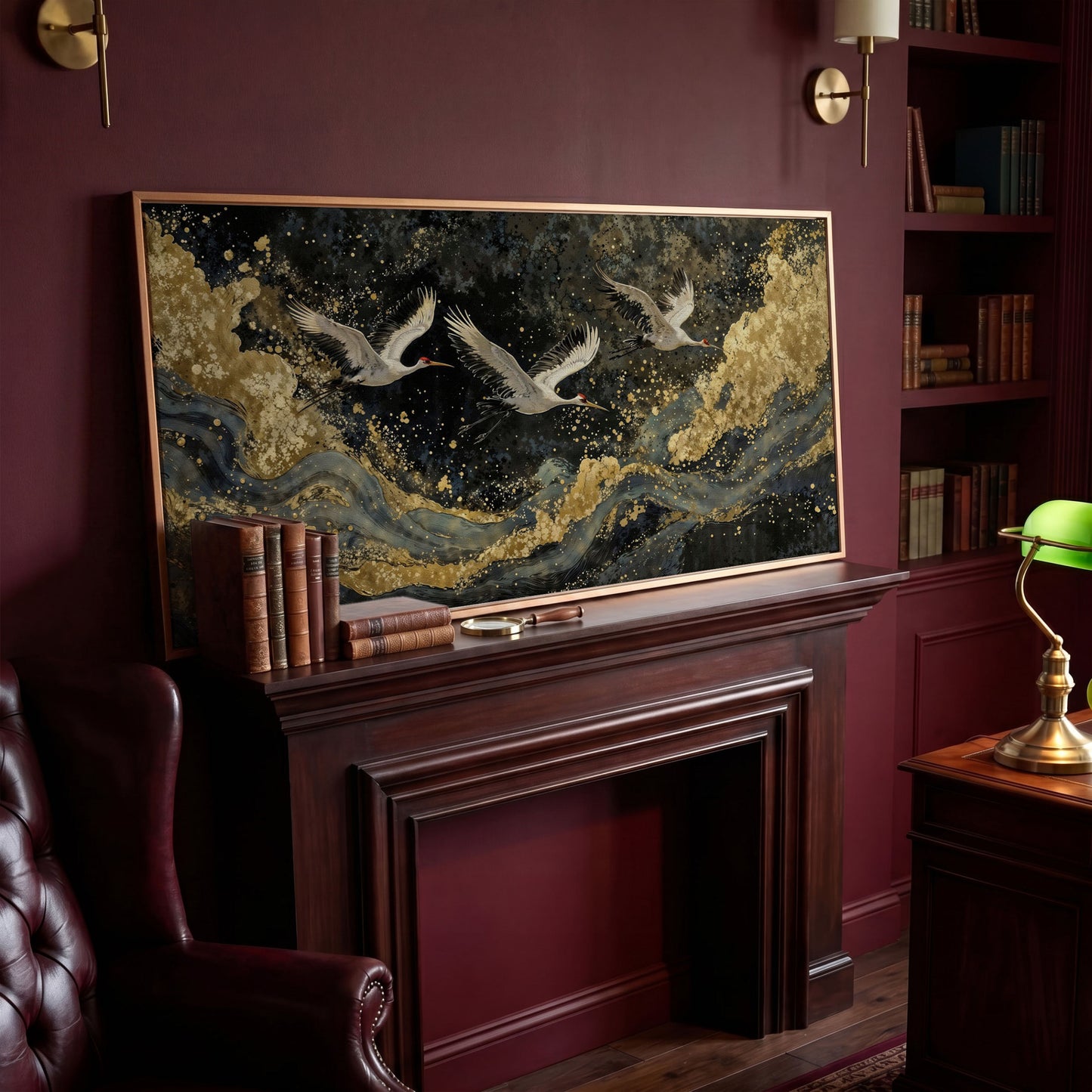 Flying Crane Japanese Art Canvas in antique gold floating frame
