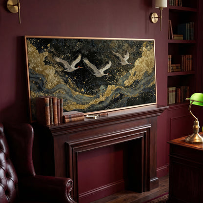 Flying Crane Japanese Art Canvas in antique gold floating frame
