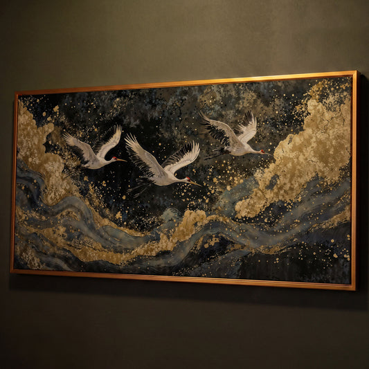 Flying Crane Japanese Art Canvas shown in antique gold floating frame