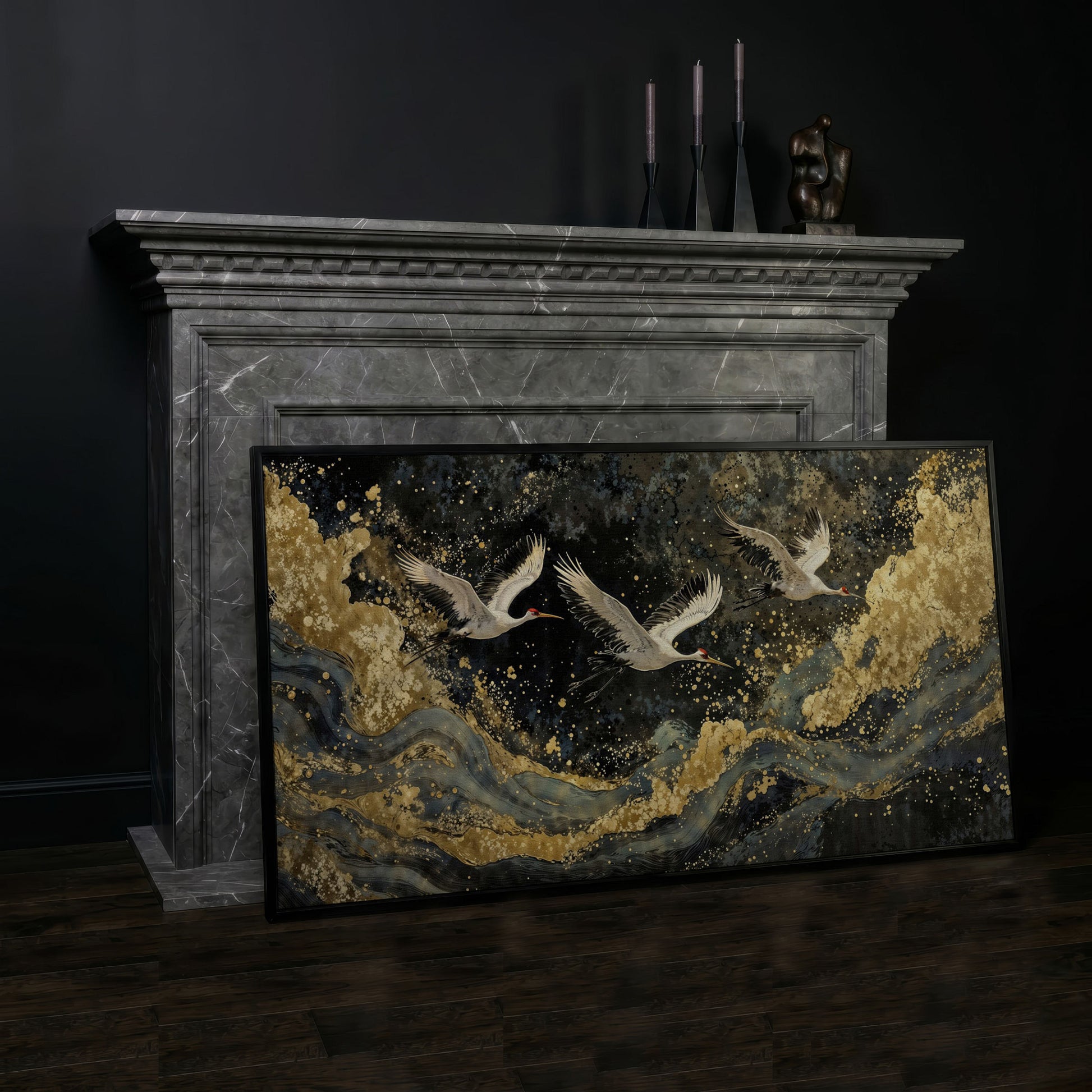 Flying Crane Japanese Art Canvas in black floating frame
