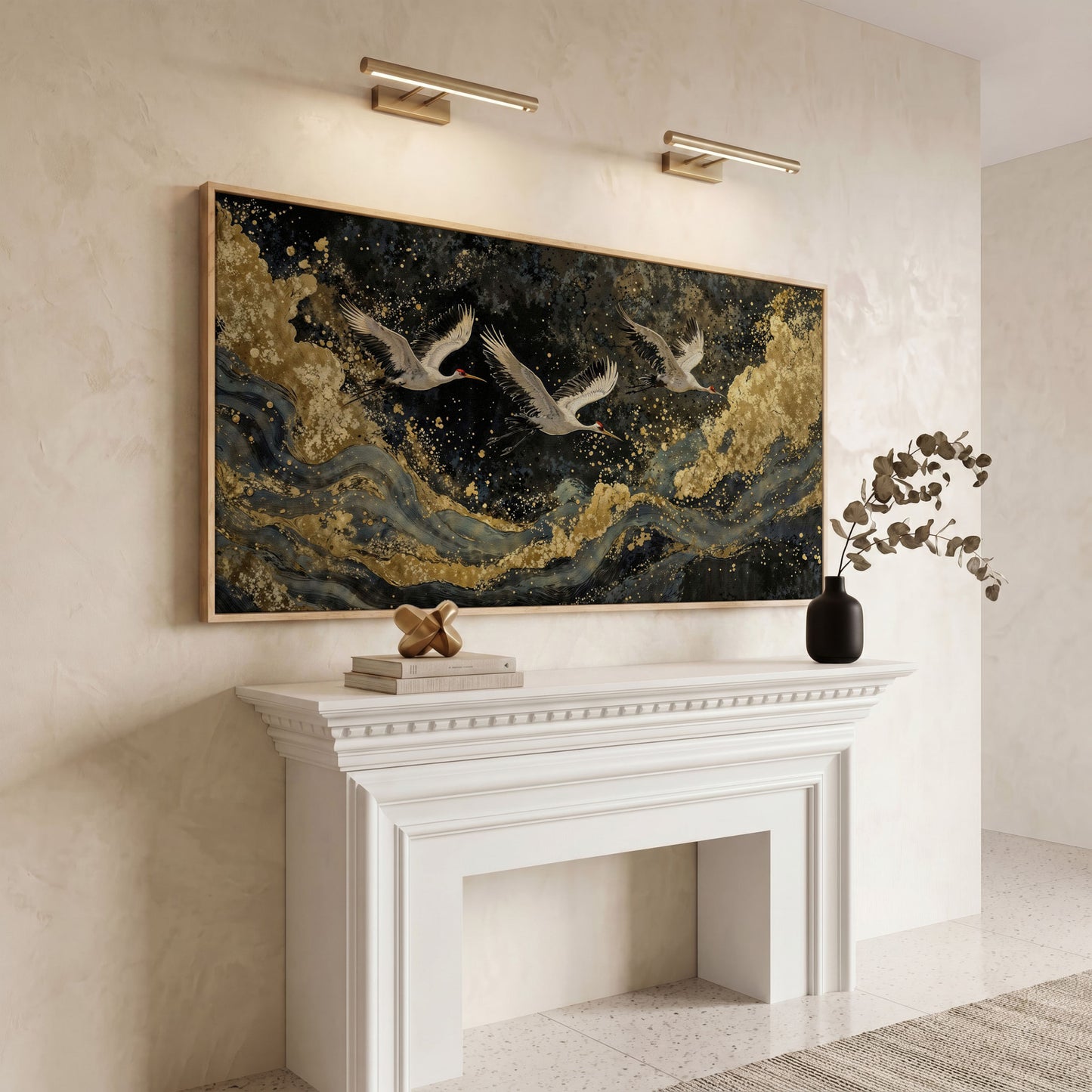 Flying Crane Japanese Art Canvas in white oak floating frame