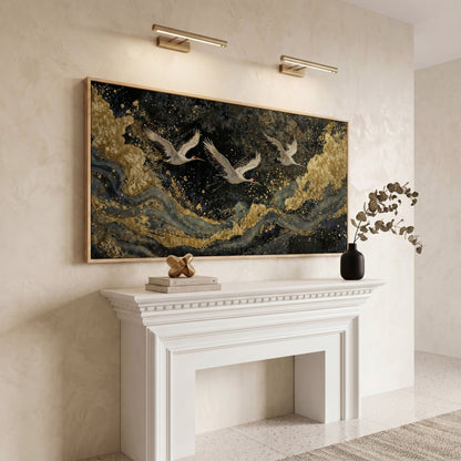 Flying Crane Japanese Art Canvas in white oak floating frame