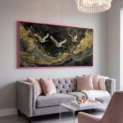 Flying Crane Japanese Art Canvas in pink floating frame