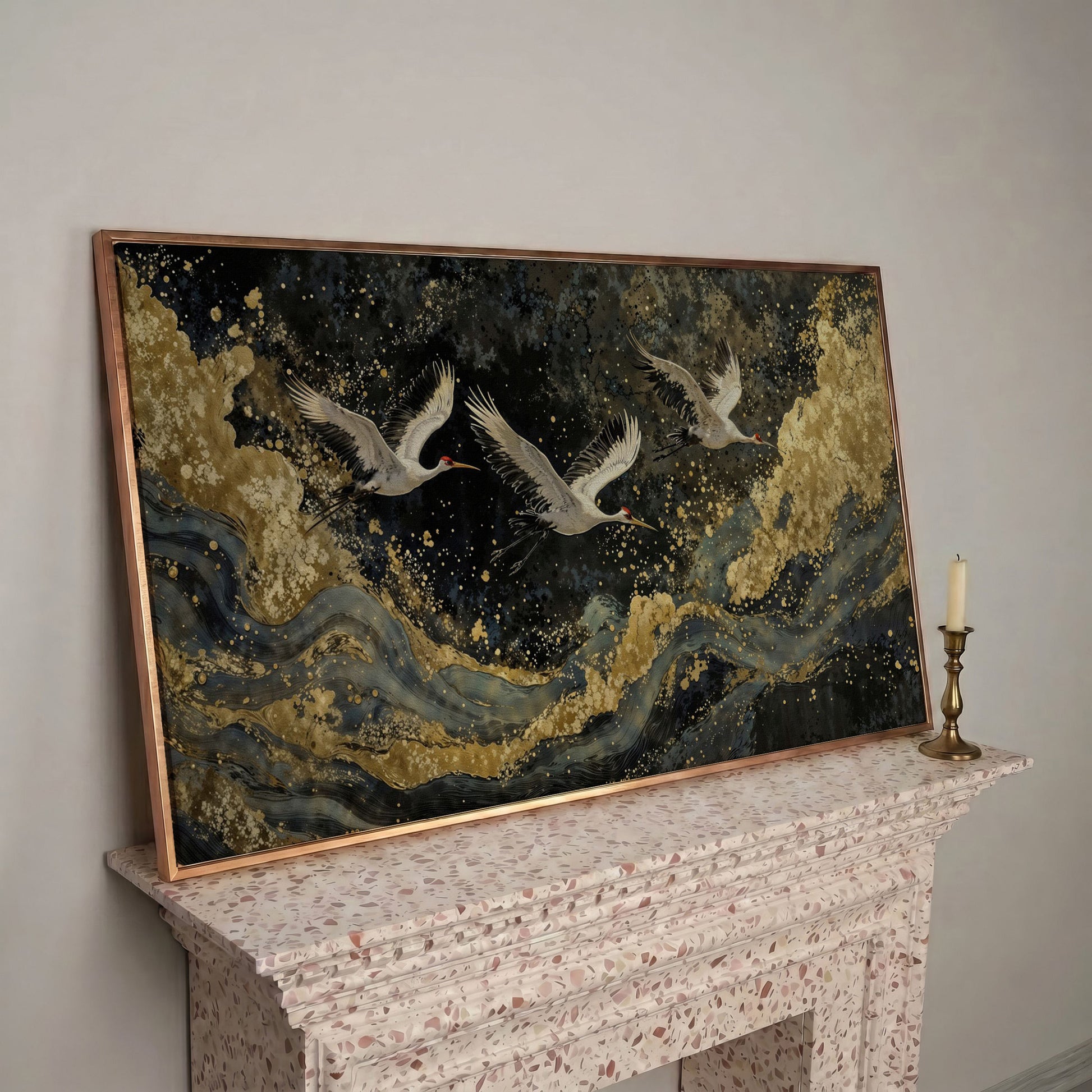 Flying Crane Japanese Art Canvas in rose gold floating frame