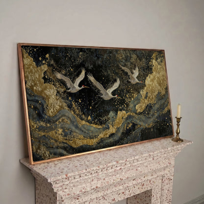 Flying Crane Japanese Art Canvas in rose gold floating frame