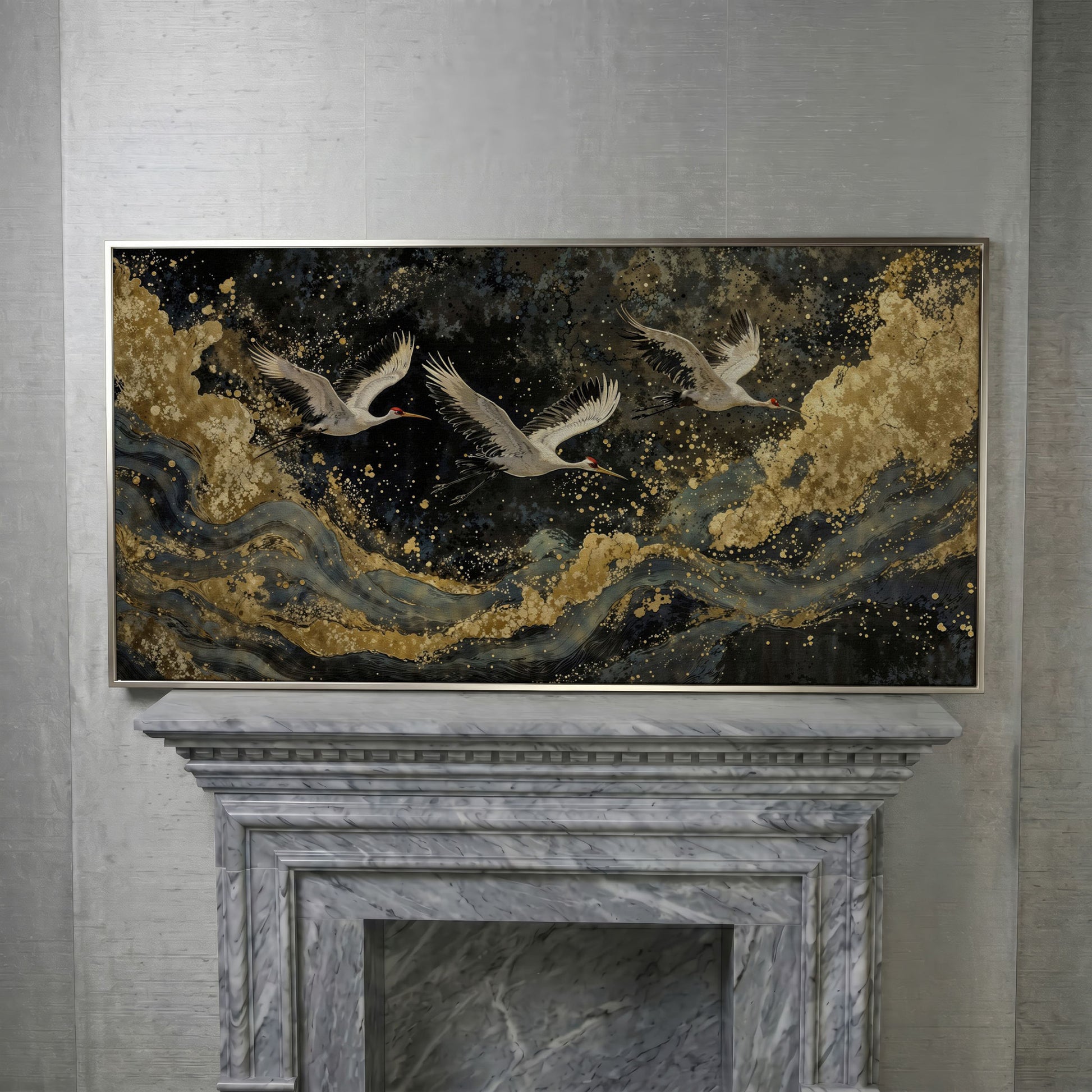 Flying Crane Japanese Art Canvas in silver floating frame