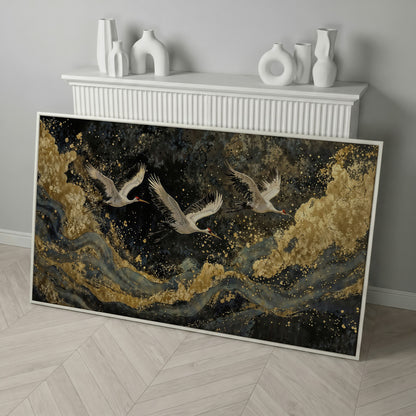 Flying Crane Japanese Art Canvas in white floating frame