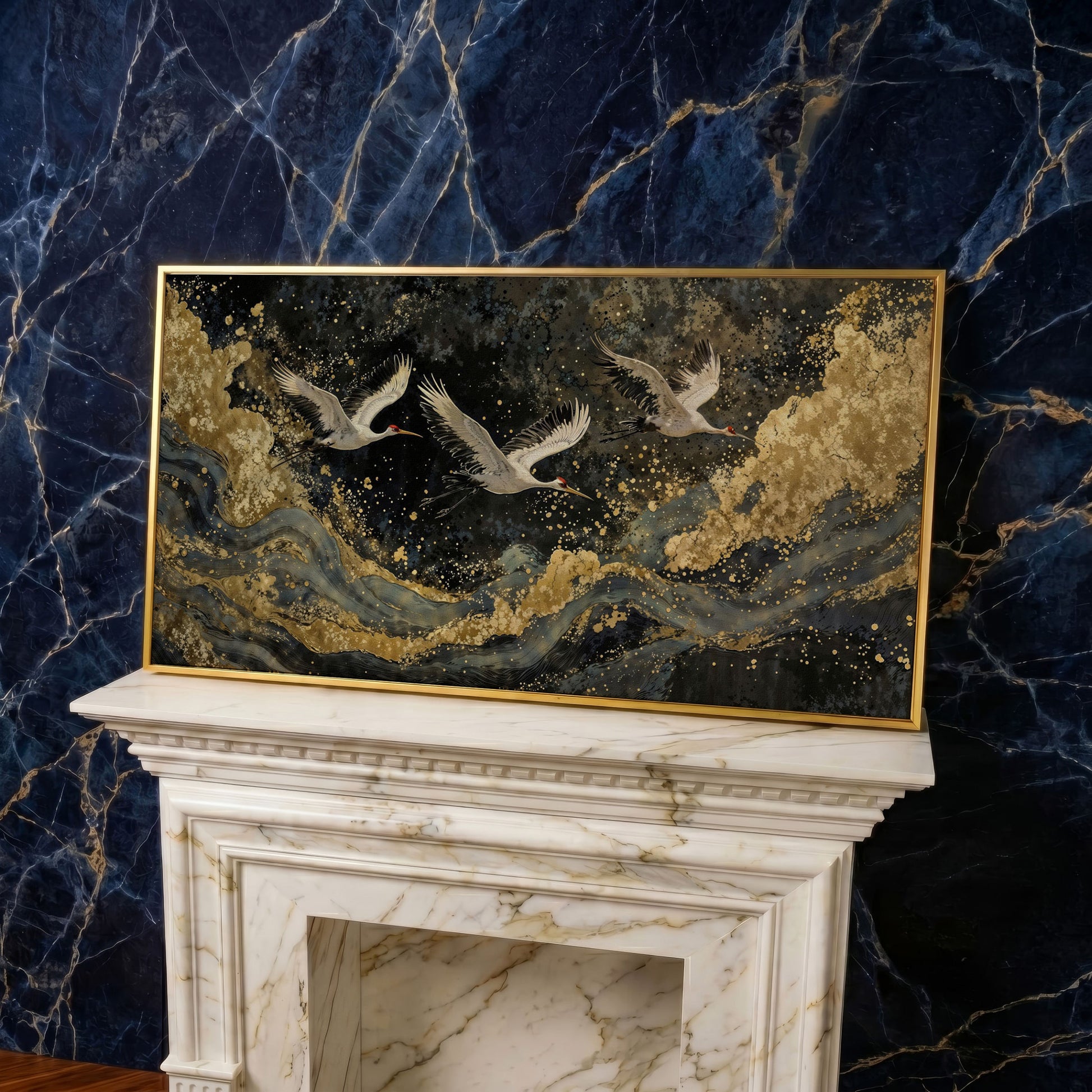 Flying Crane Japanese Art Canvas in yellow gold floating frame