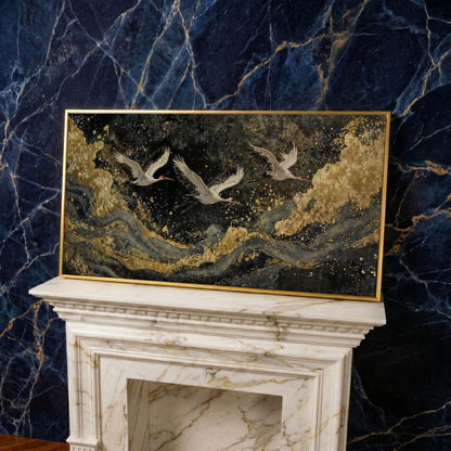 Flying Crane Japanese Art Canvas in yellow gold floating frame