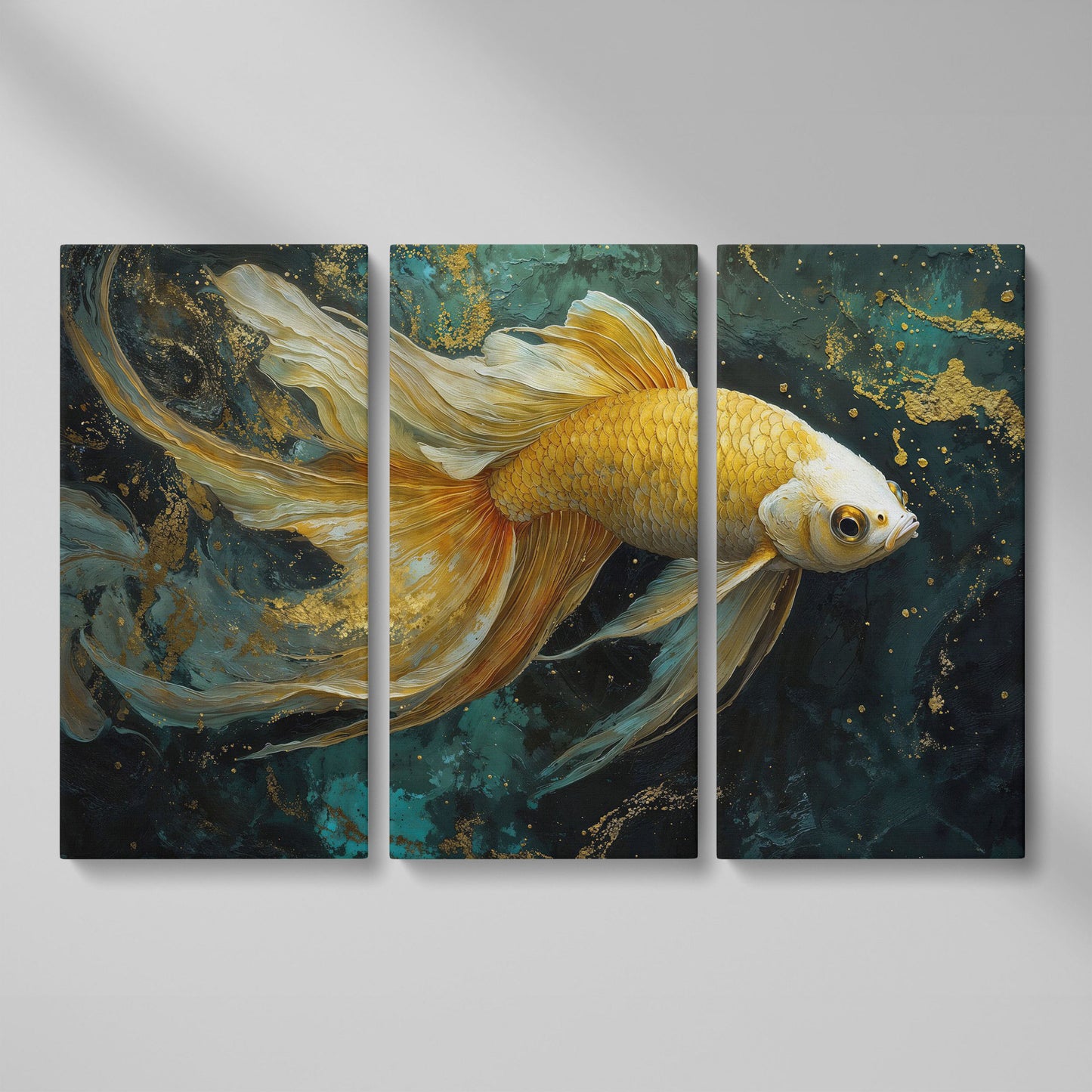 Goldfish with Marble Waves Canvas as 3-panel split version