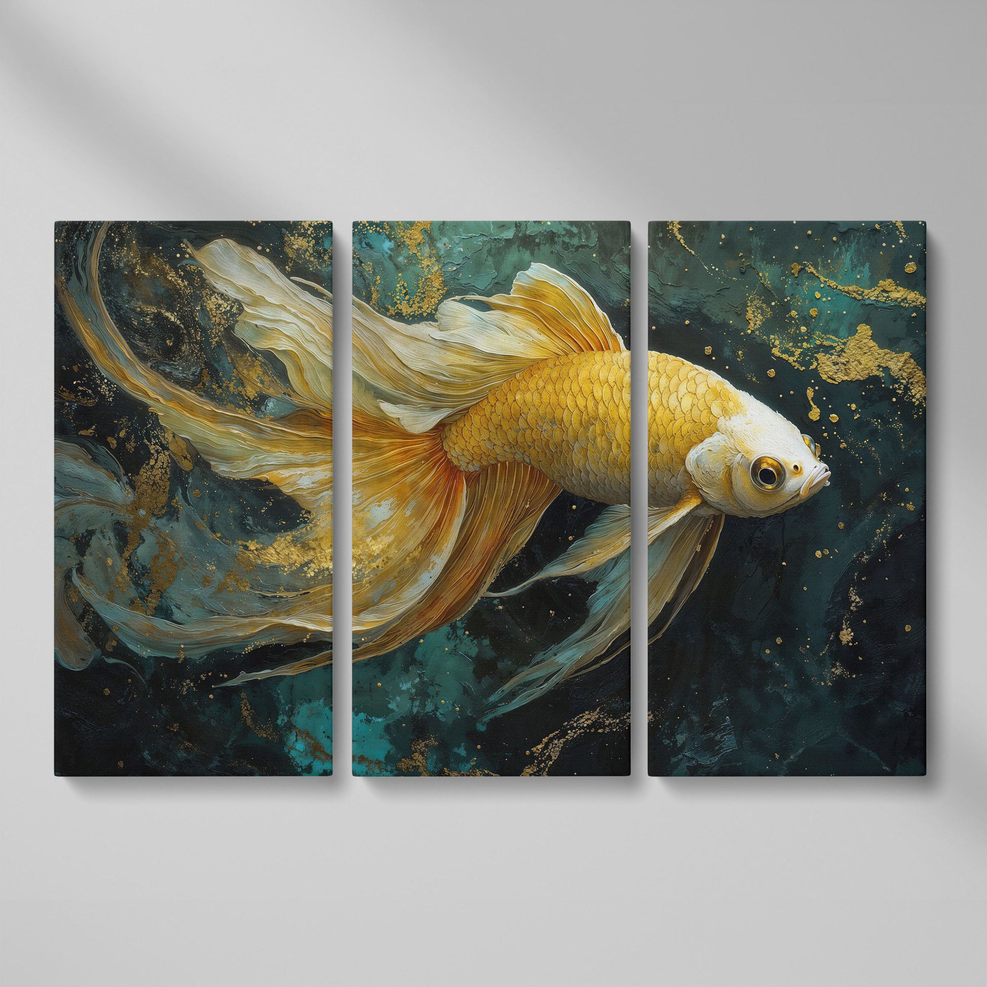 Goldfish with Marble Waves Canvas as 3-panel split version