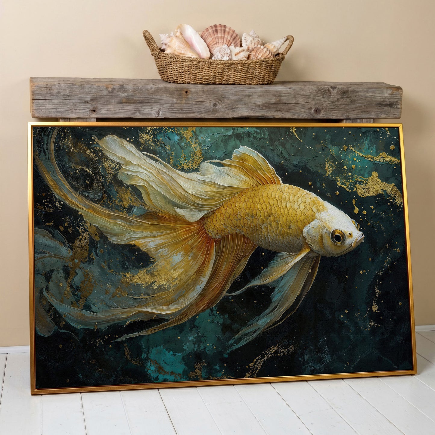 Goldfish with Marble Waves Canvas in antique gold floating frame