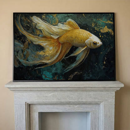 Goldfish with Marble Waves Canvas in black floating frame