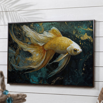 Goldfish with Marble Waves Canvas in dark walnut floating frame