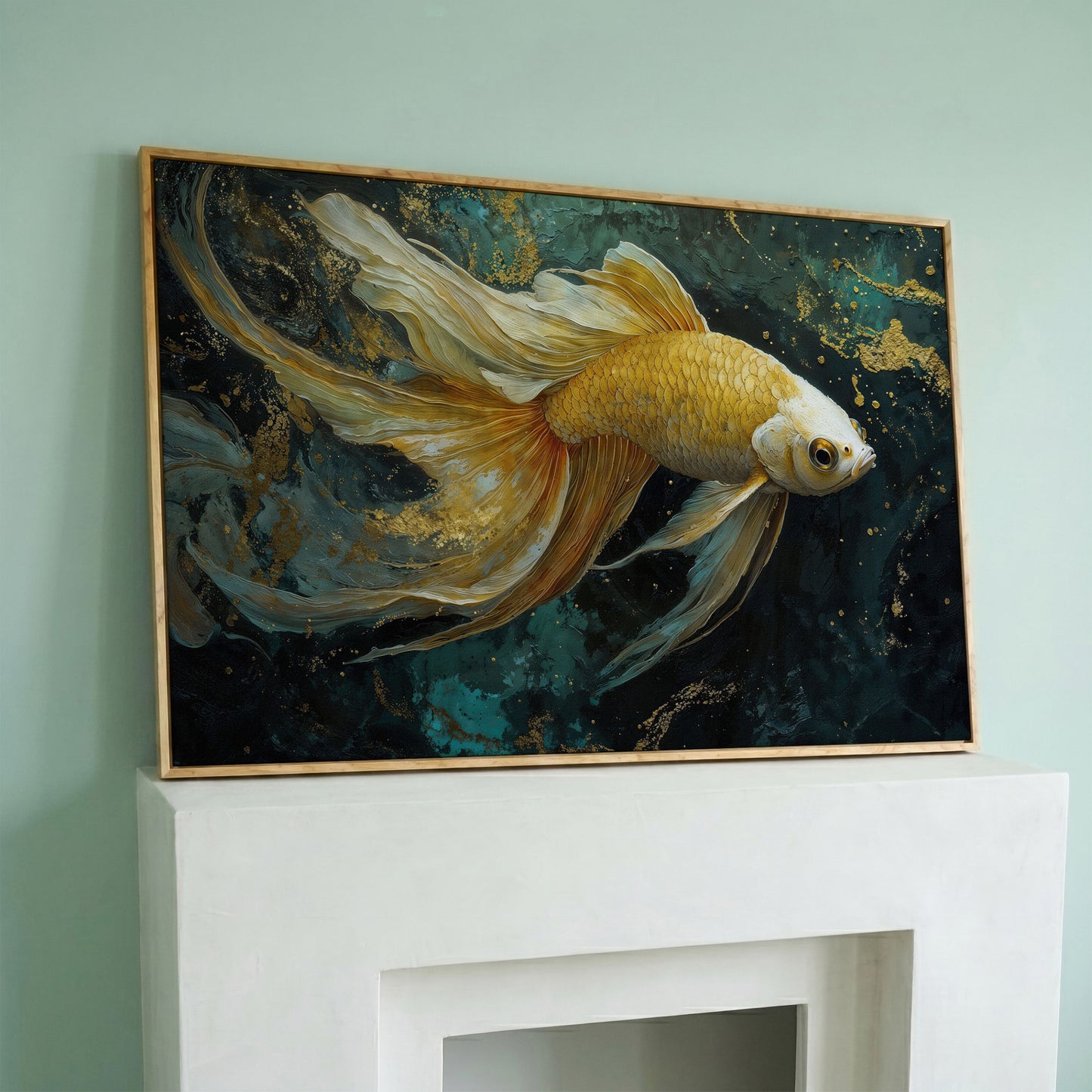 Goldfish with Marble Waves Canvas in white oak floating frame