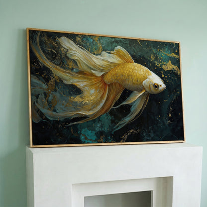 Goldfish with Marble Waves Canvas in white oak floating frame