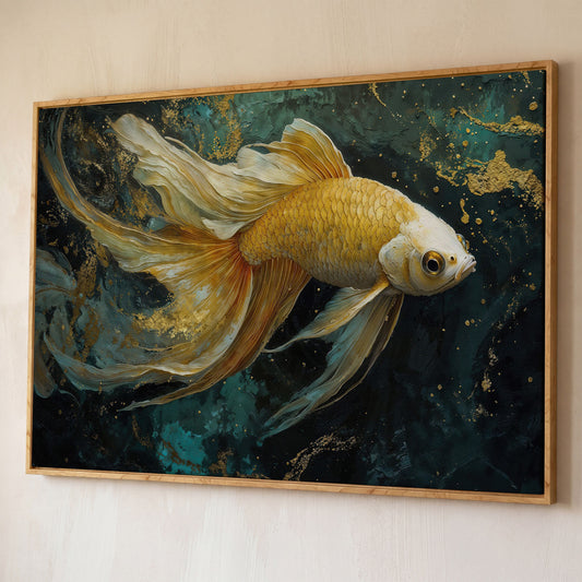 Goldfish with Marble Waves Canvas shown in white oak floating frame