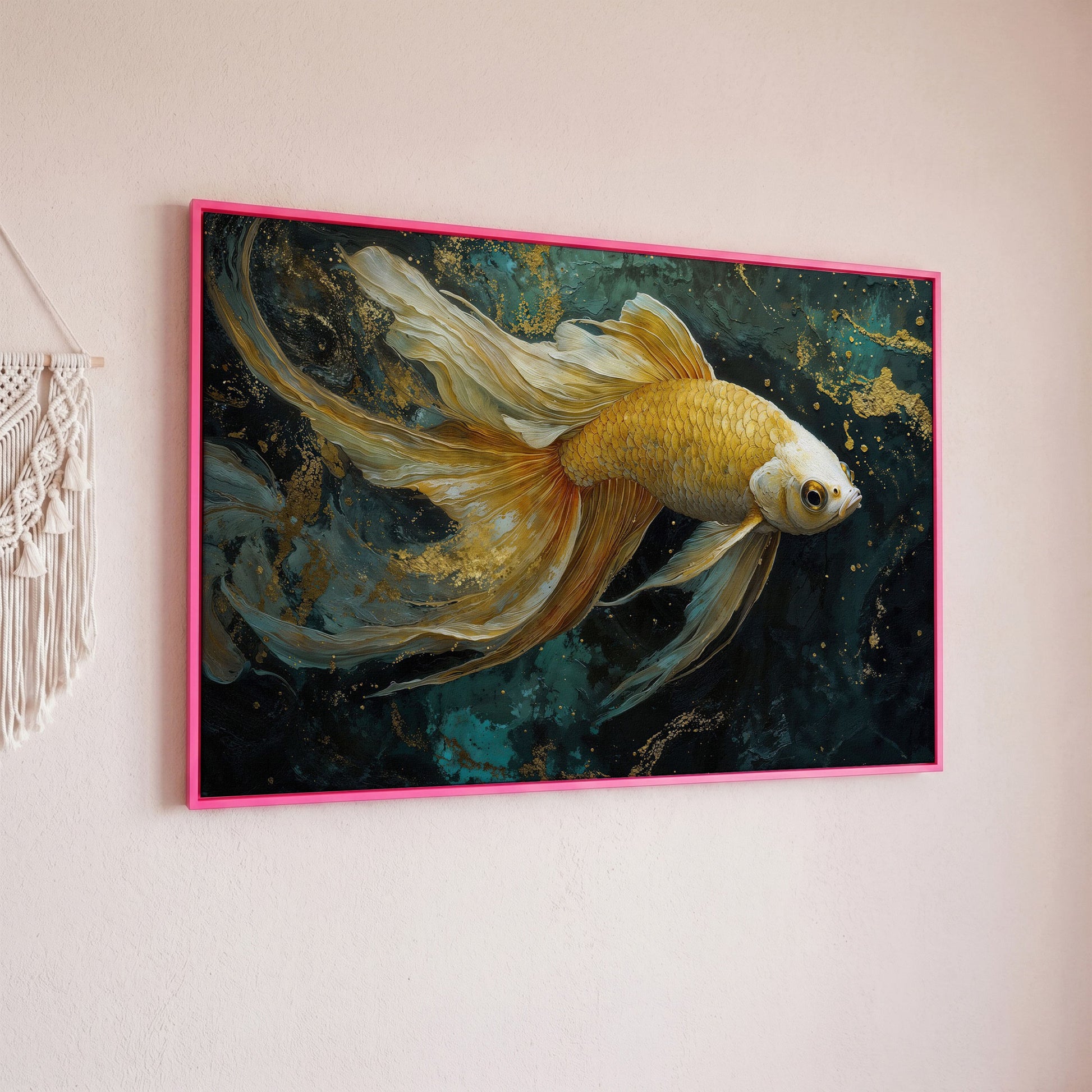 Goldfish with Marble Waves Canvas in pink floating frame
