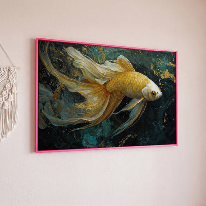 Goldfish with Marble Waves Canvas in pink floating frame