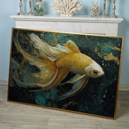 Goldfish with Marble Waves Canvas in rose gold floating frame