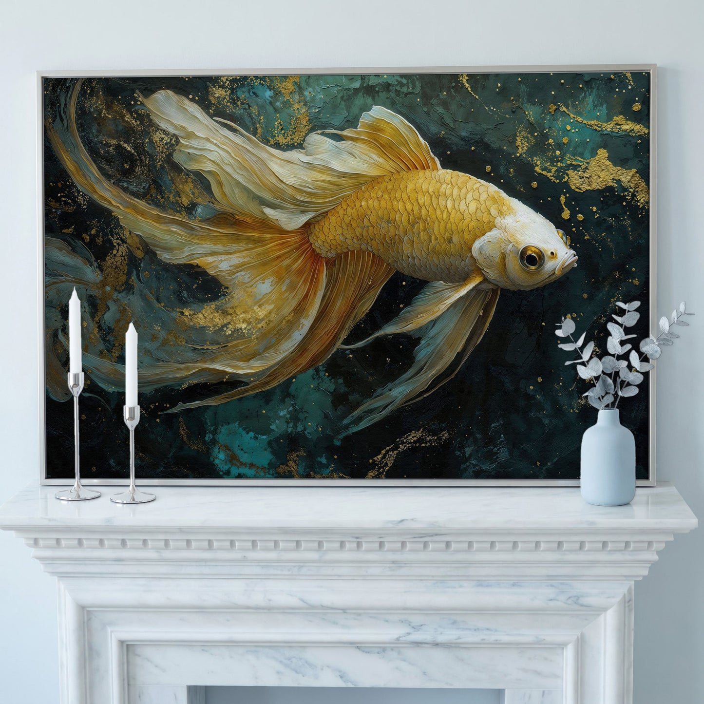 Goldfish with Marble Waves Canvas in silver floating frame