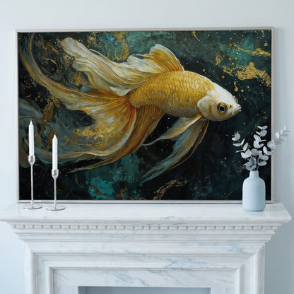 Goldfish with Marble Waves Canvas in silver floating frame