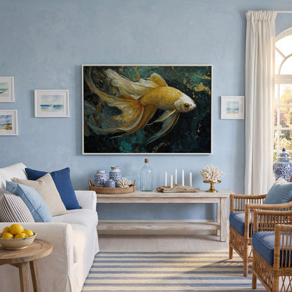 Goldfish with Marble Waves Canvas in white floating frame