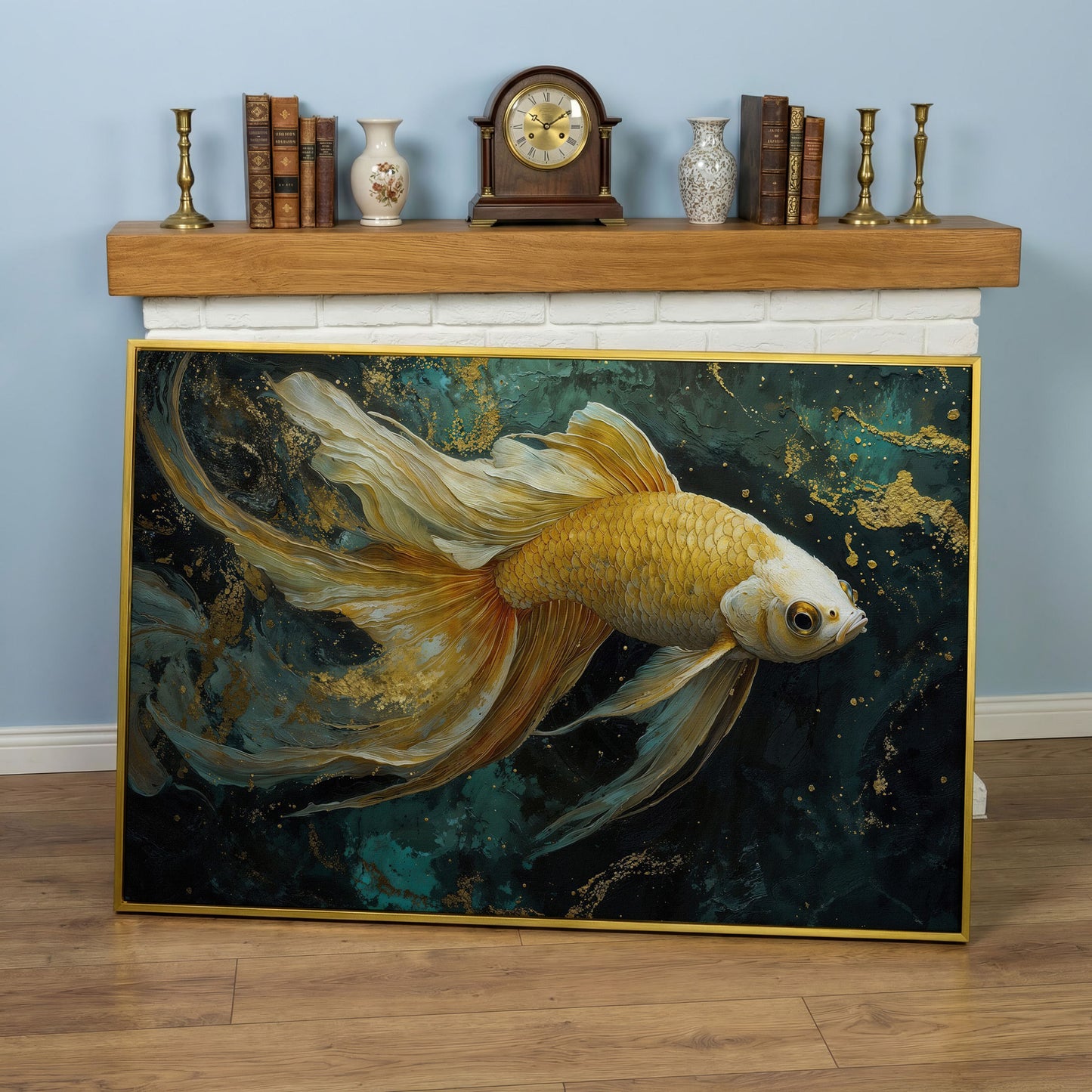 Goldfish with Marble Waves Canvas in yellow gold floating frame