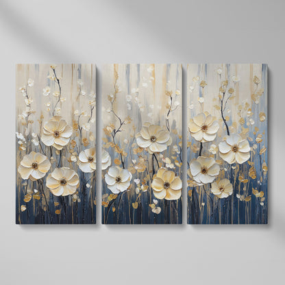 Wildflower Field Canvas Art, Large Cream Floral Wall Decor as 3-panel split version