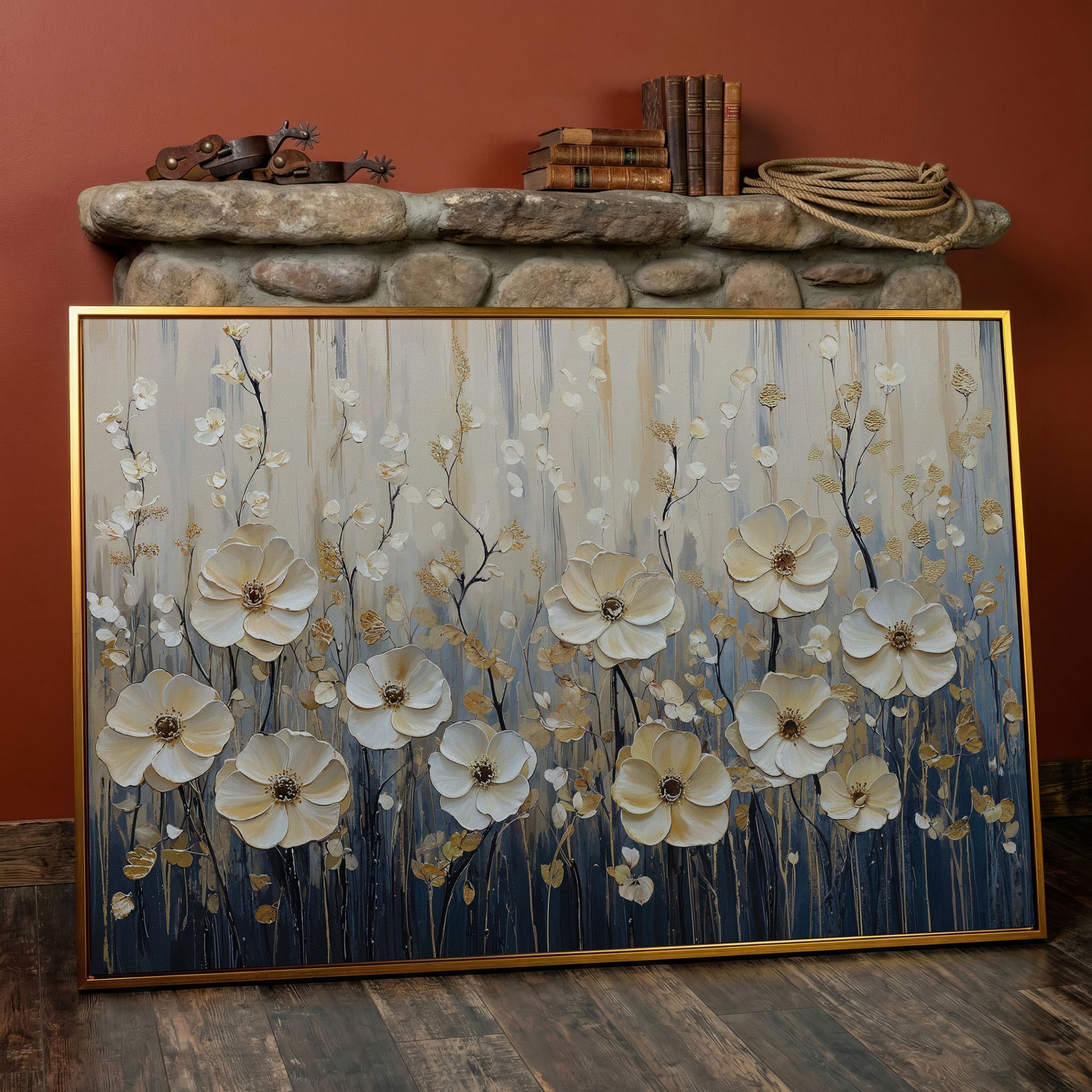 Wildflower Field Canvas Art, Large Cream Floral Wall Decor in antique gold floating frame