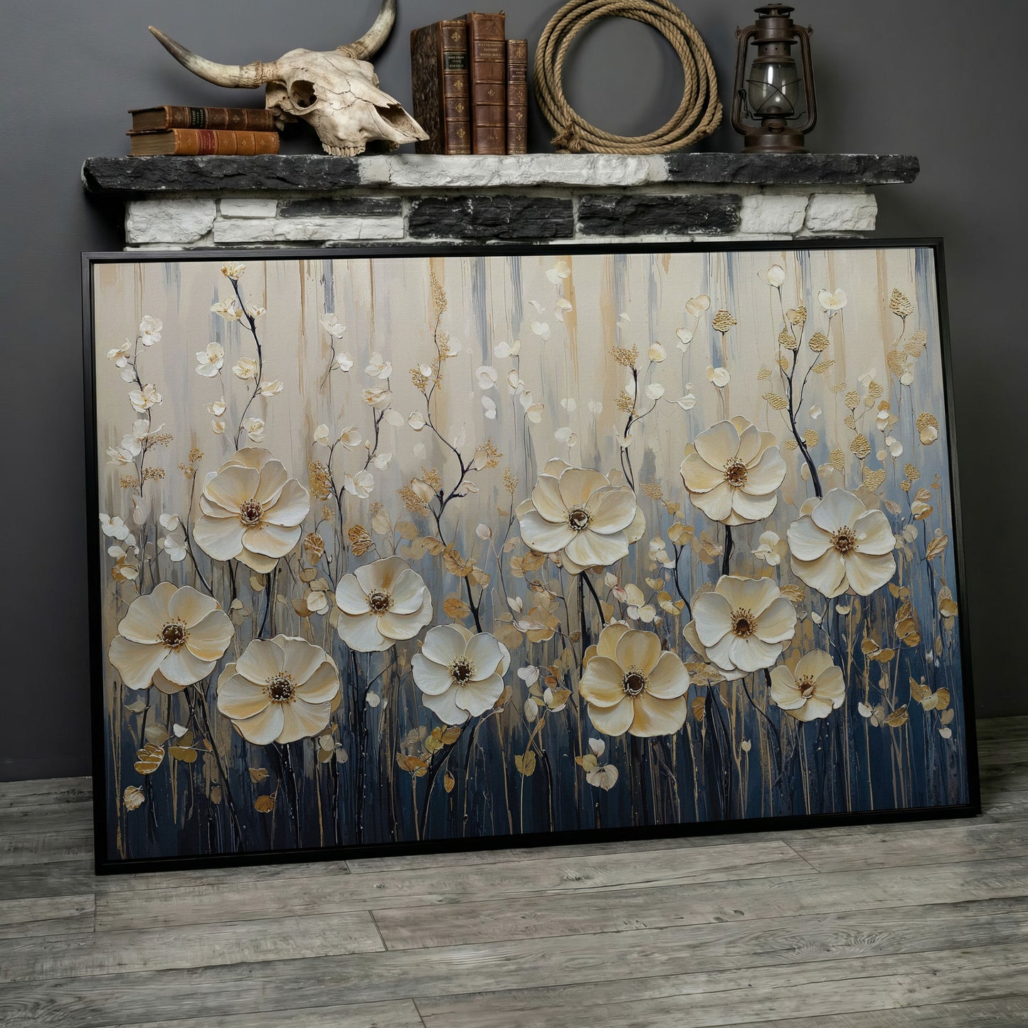 Wildflower Field Canvas Art, Large Cream Floral Wall Decor in black floating frame