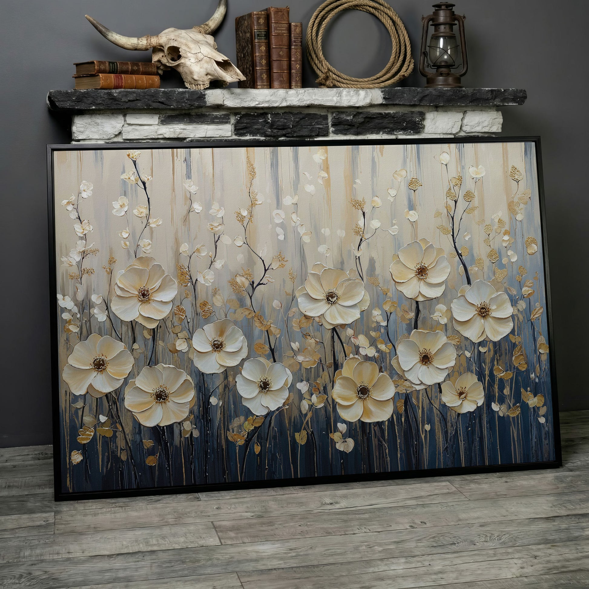 Wildflower Field Canvas Art, Large Cream Floral Wall Decor in black floating frame