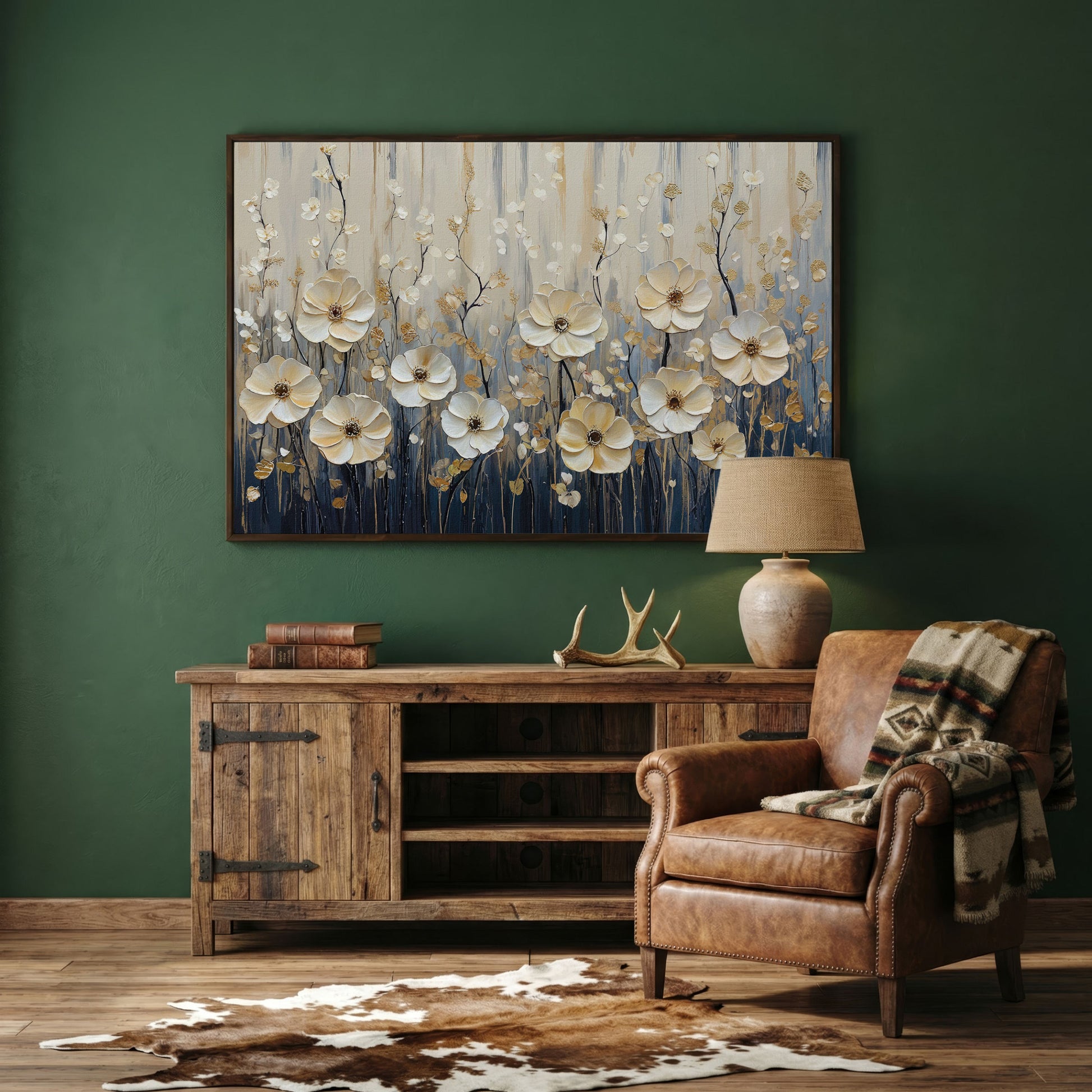 Wildflower Field Canvas Art, Large Cream Floral Wall Decor in dark walnut floating frame