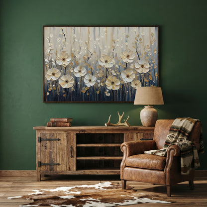 Wildflower Field Canvas Art, Large Cream Floral Wall Decor in dark walnut floating frame