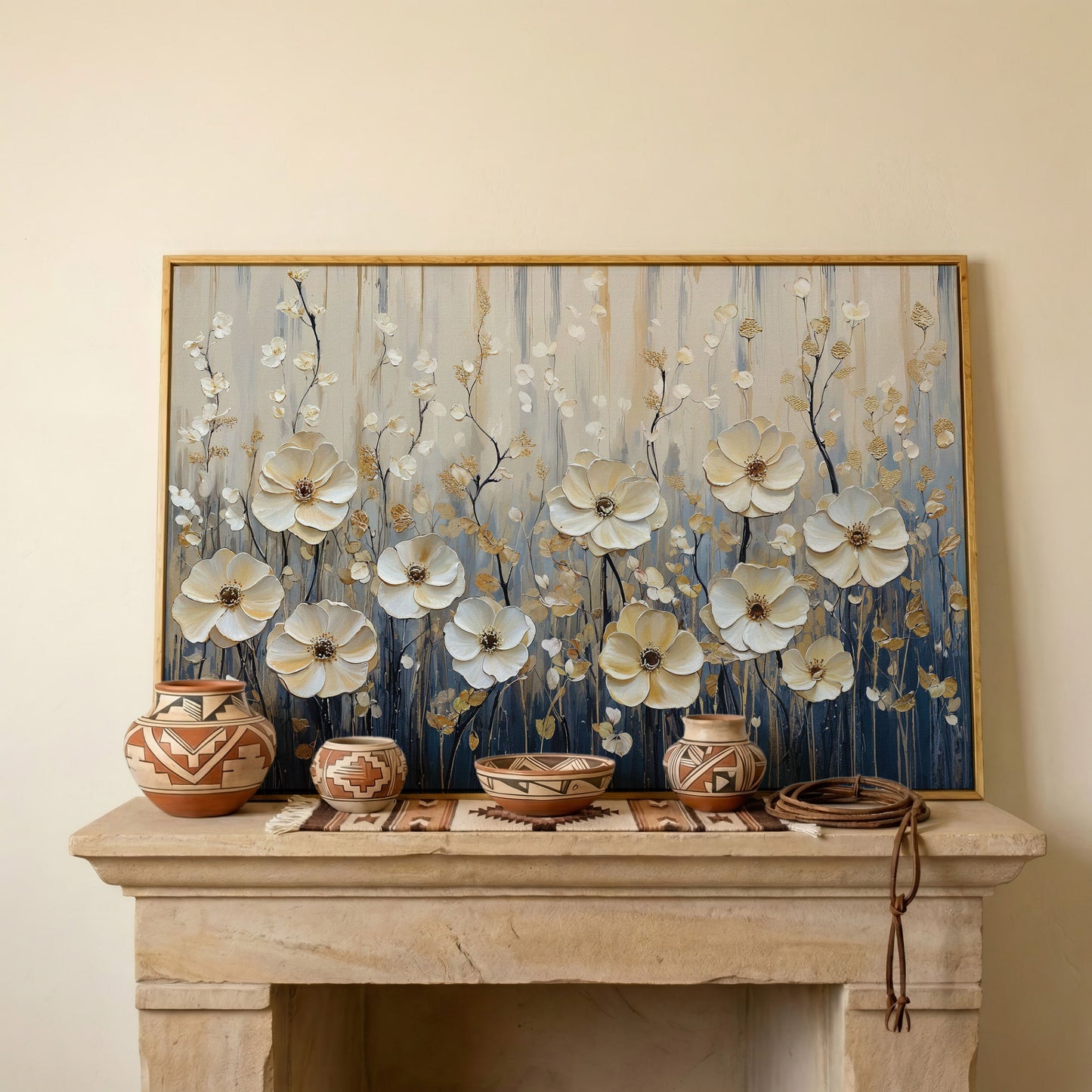 Wildflower Field Canvas Art, Large Cream Floral Wall Decor in white oak floating frame