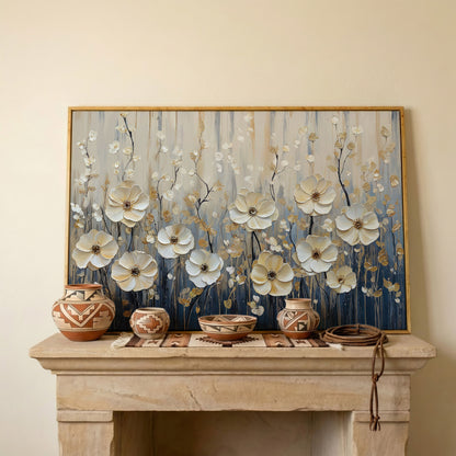 Wildflower Field Canvas Art, Large Cream Floral Wall Decor in white oak floating frame