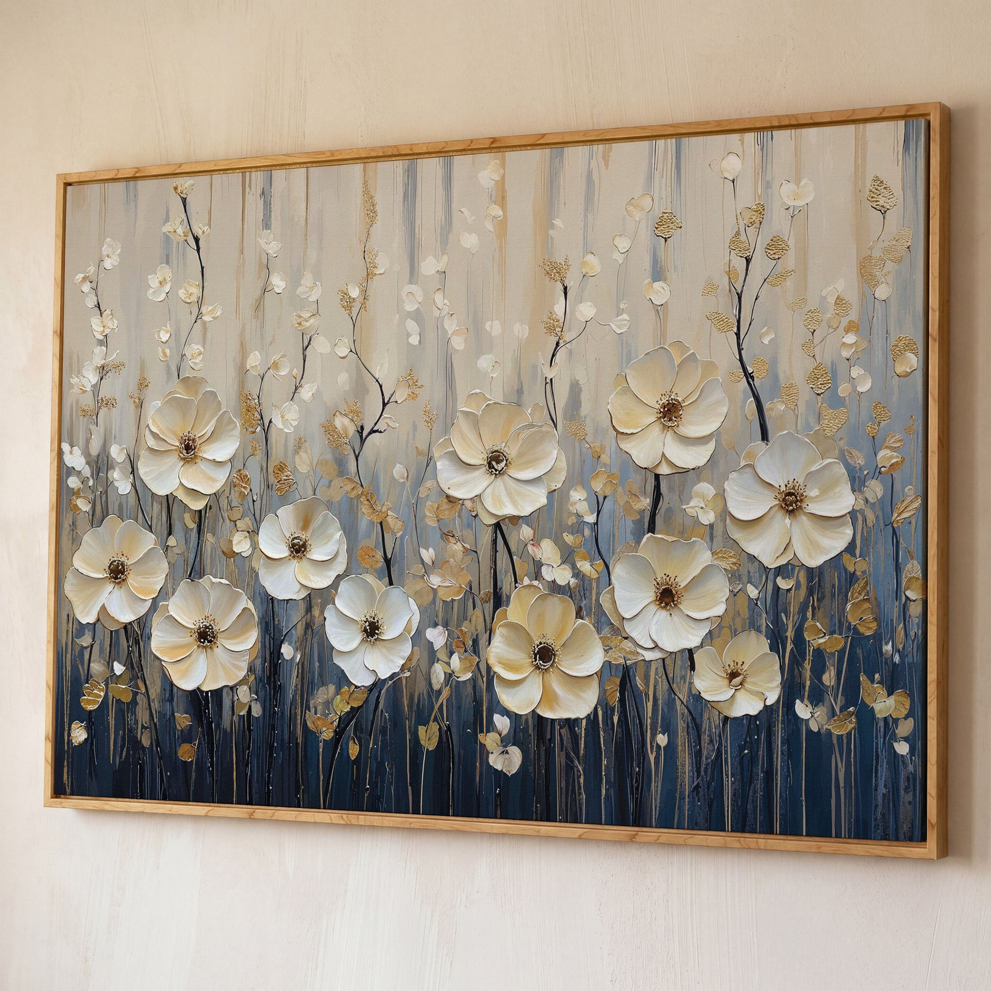 Wildflower Field Canvas Art, Large Cream Floral Wall Decor shown in white oak floating frame
