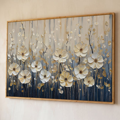 Wildflower Field Canvas Art, Large Cream Floral Wall Decor shown in white oak floating frame