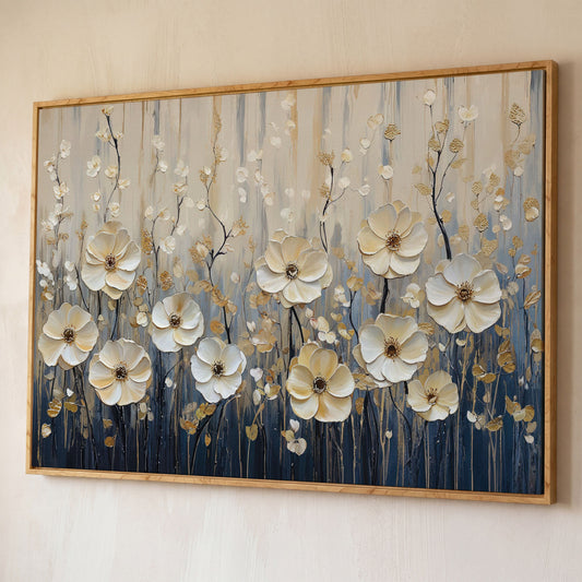 Wildflower Field Canvas Art, Large Cream Floral Wall Decor shown in white oak floating frame