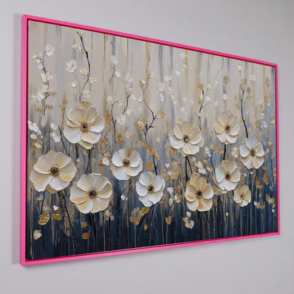 Wildflower Field Canvas Art, Large Cream Floral Wall Decor in pink floating frame