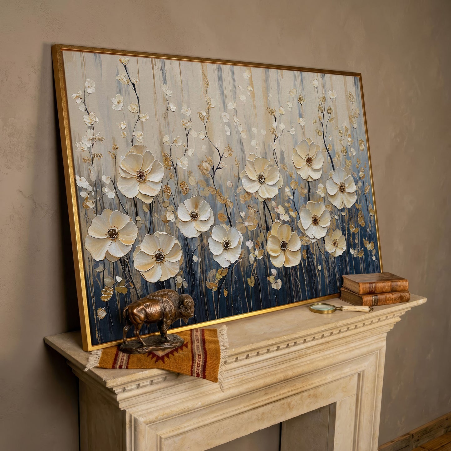 Wildflower Field Canvas Art, Large Cream Floral Wall Decor in rose gold floating frame