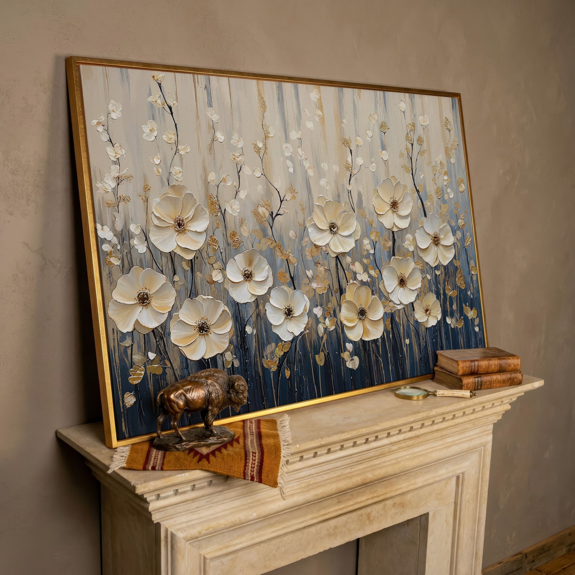 Wildflower Field Canvas Art, Large Cream Floral Wall Decor in rose gold floating frame