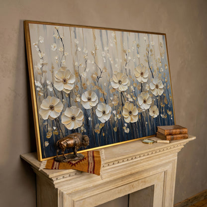 Wildflower Field Canvas Art, Large Cream Floral Wall Decor in rose gold floating frame