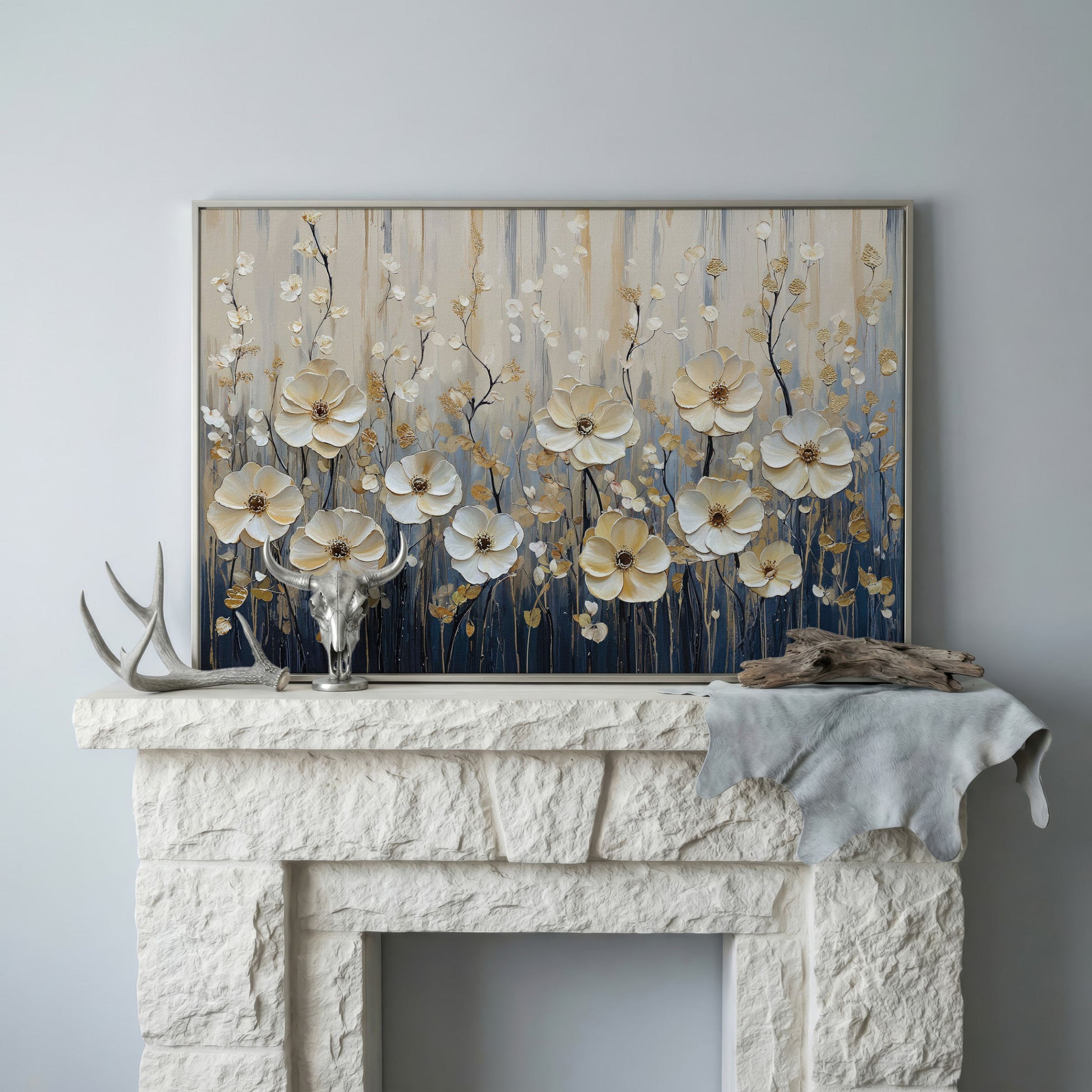 Wildflower Field Canvas Art, Large Cream Floral Wall Decor in silver floating frame