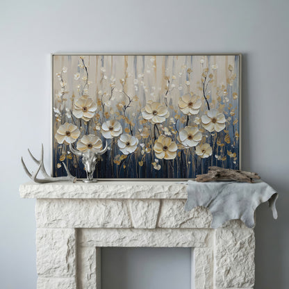 Wildflower Field Canvas Art, Large Cream Floral Wall Decor in silver floating frame