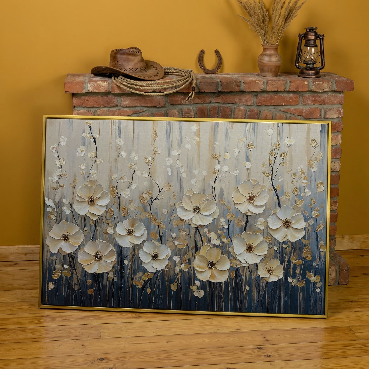 Wildflower Field Canvas Art, Large Cream Floral Wall Decor in yellow gold floating frame