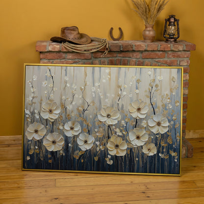 Wildflower Field Canvas Art, Large Cream Floral Wall Decor in yellow gold floating frame