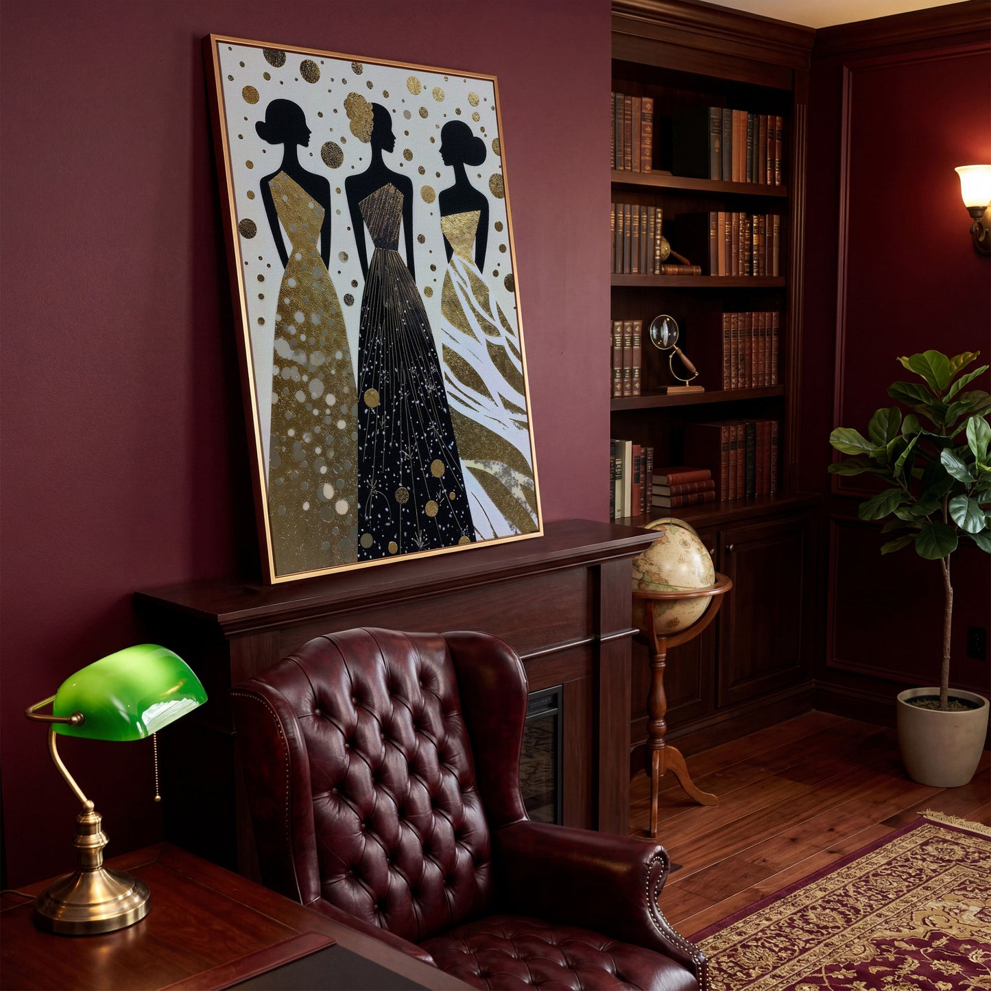 Three Elegance Silhouettes Canvas Wall Art, Figurative Female Gowns in antique gold floating frame
